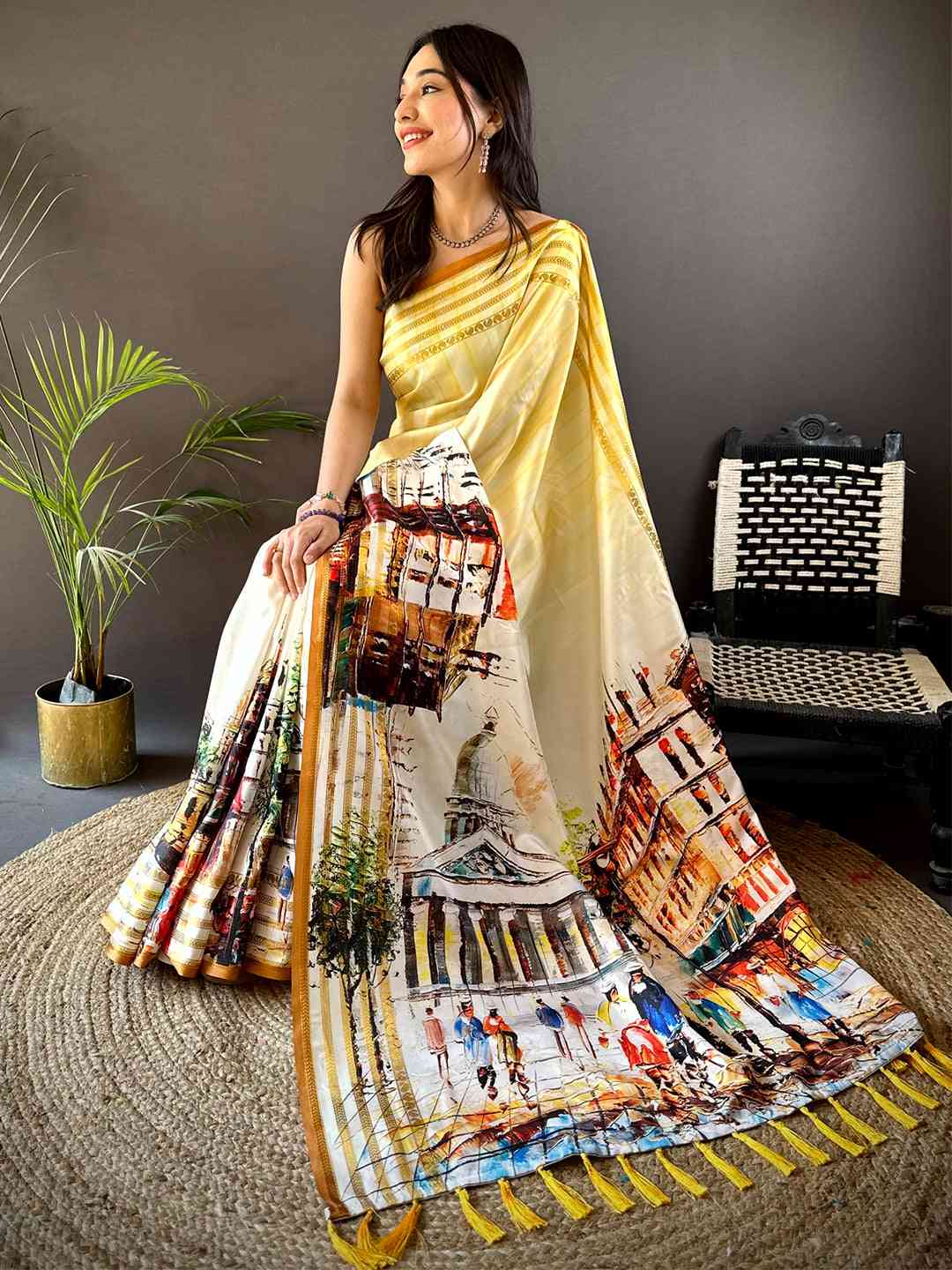 Lime Yellow Japanese Freehand Digital Print Saree by My Store