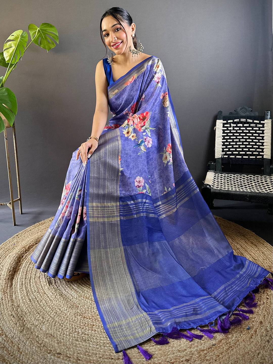 Purple Bloom Linen Saree by My Store