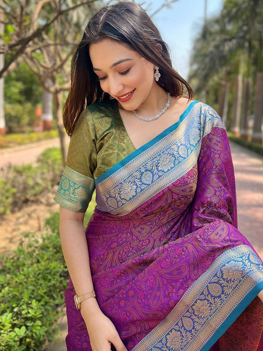 Purple Paisley Silk Saree by My Store