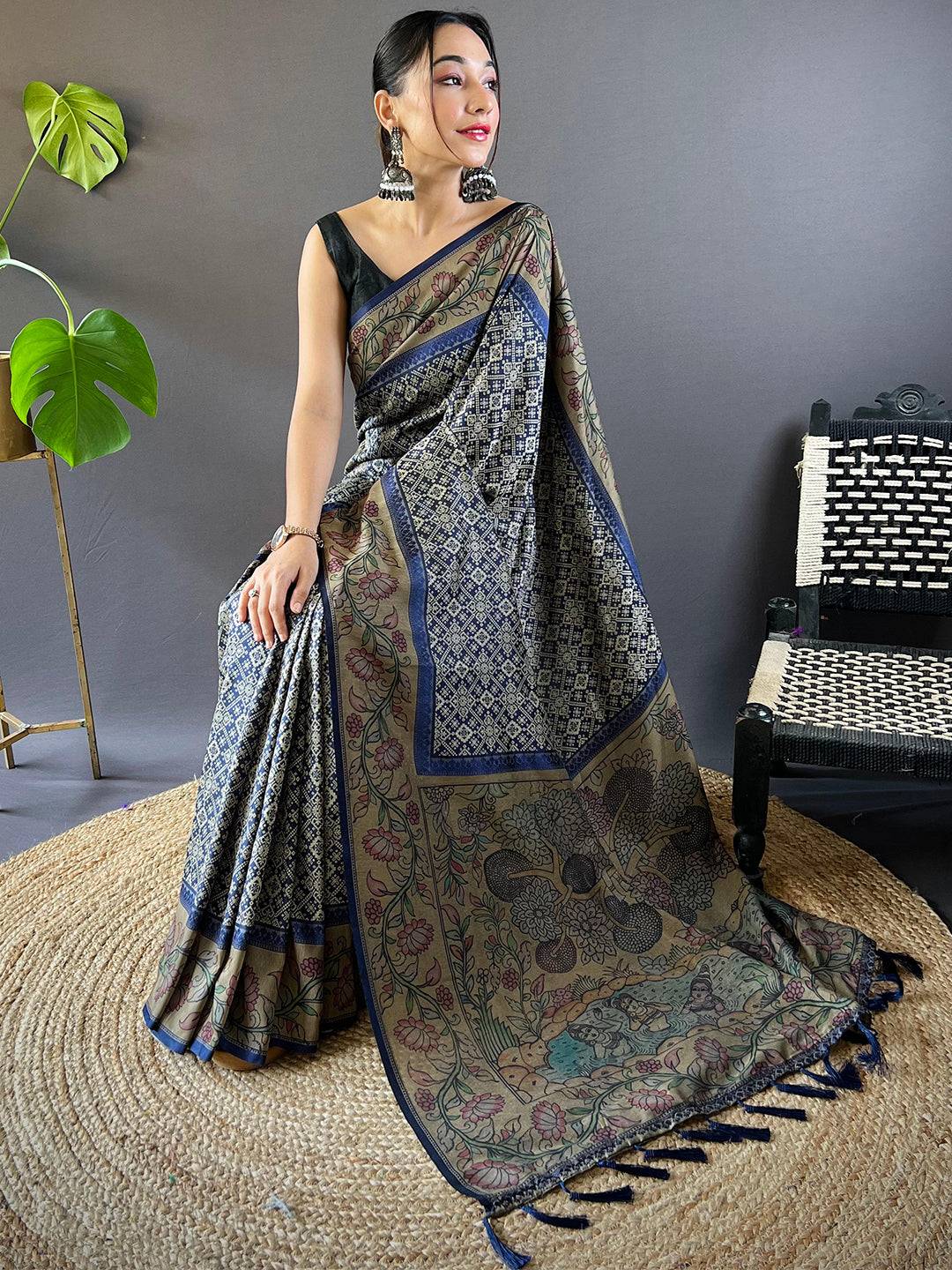 Navy Blue Patola And Kalamkari Fusion Saree by My Store