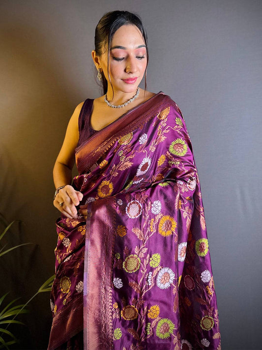 Dark Magenta Banarasi Silk Zari Butta Saree by My Store