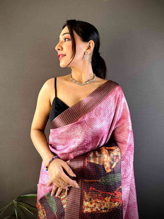 Light Pink Kalamkari Pichwai Black Check Saree by My Store
