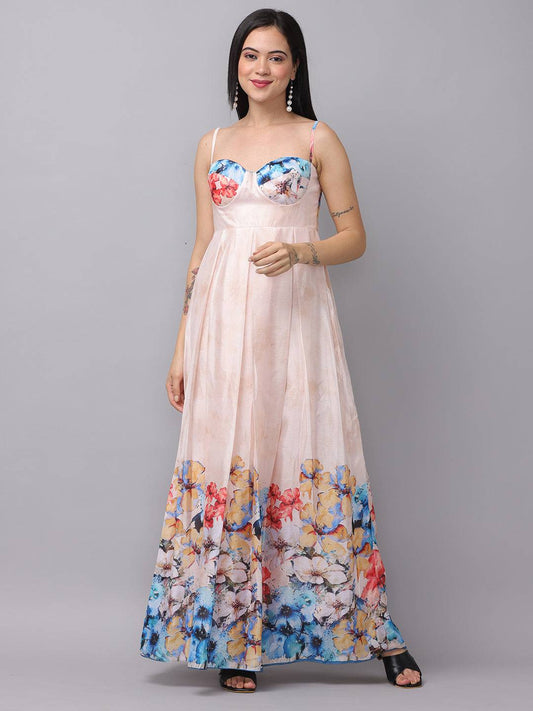Cream Printed Floral Dress by My Store