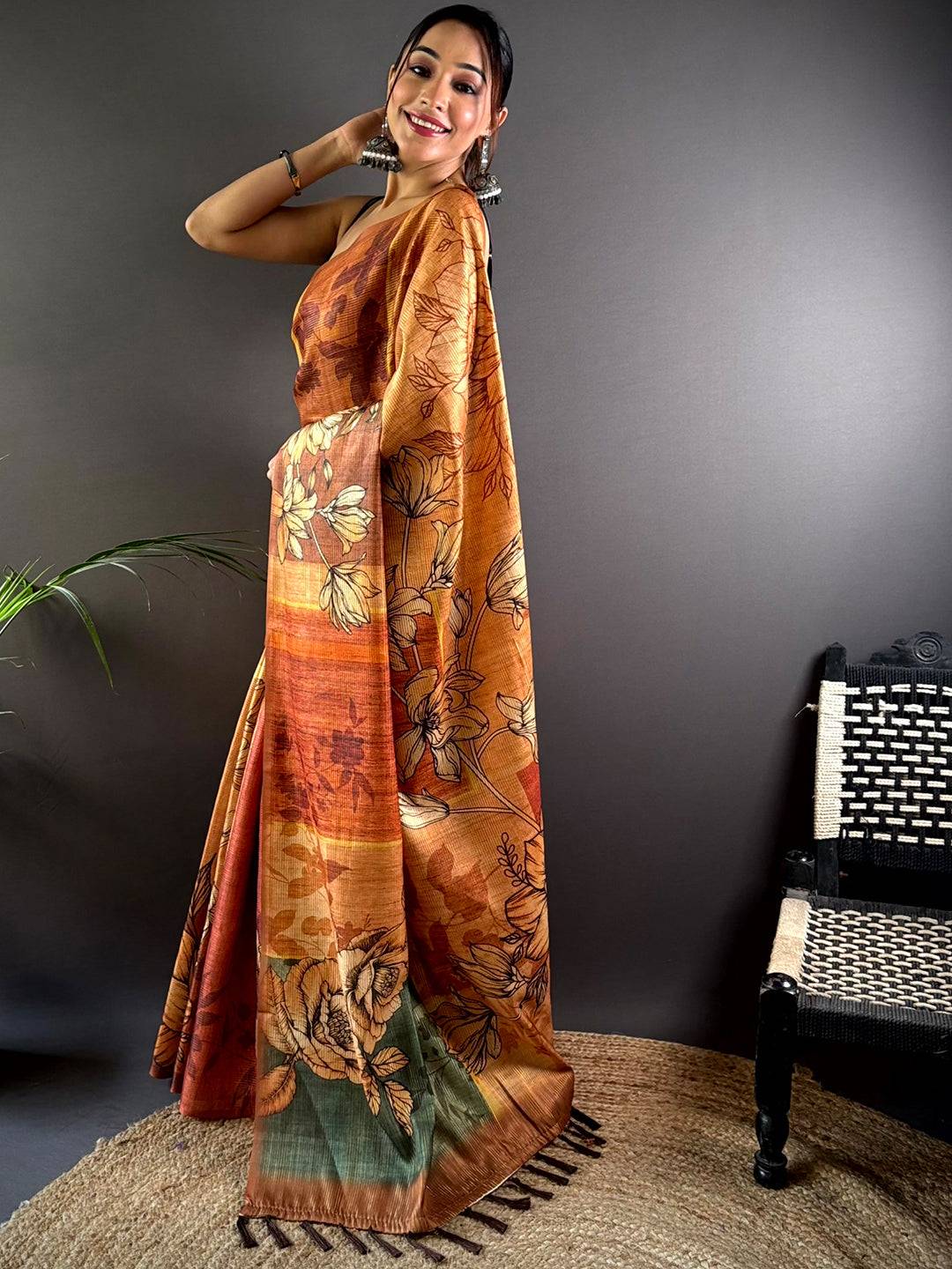 Brown Semi Gold Zari Tussar Saree by My Store