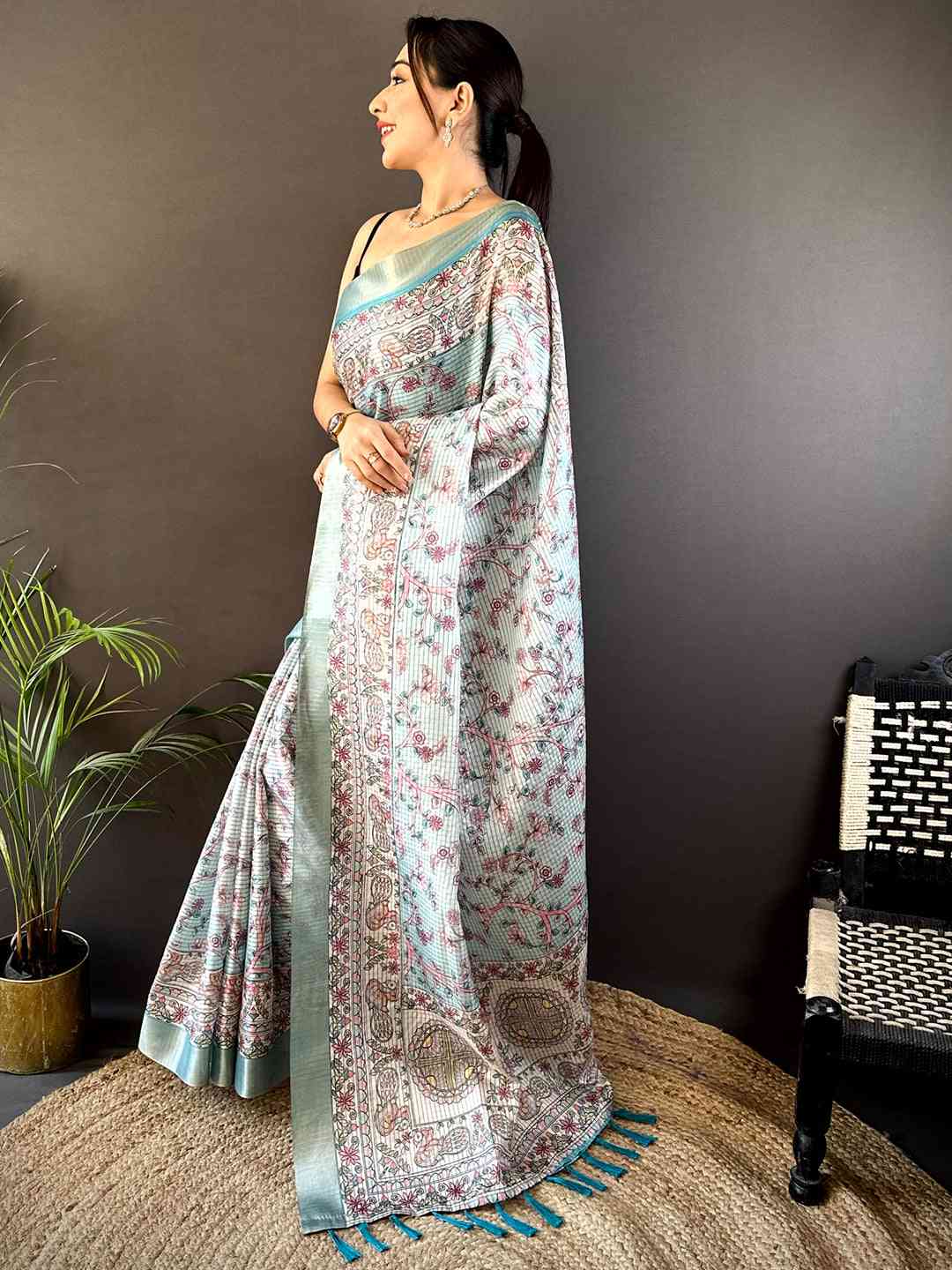 Mint Green Chanderi Madhubani Black Chex Saree by My Store