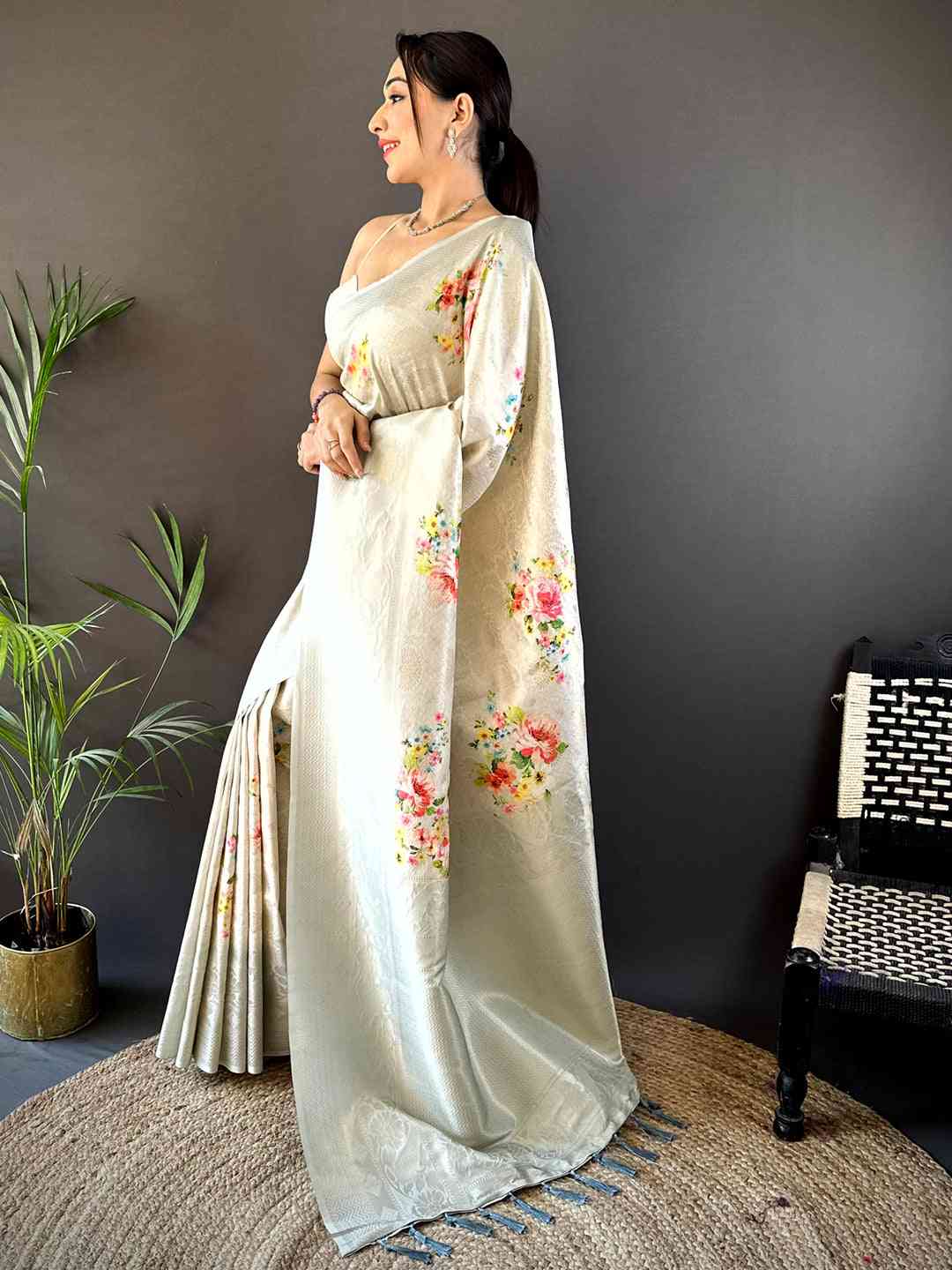 Off White Kanjivaram Digital Silk Saree by My Store