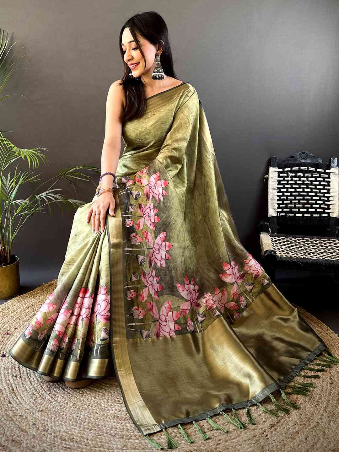 Olive Floral Grace Soft Silk Tissue Saree by My Store