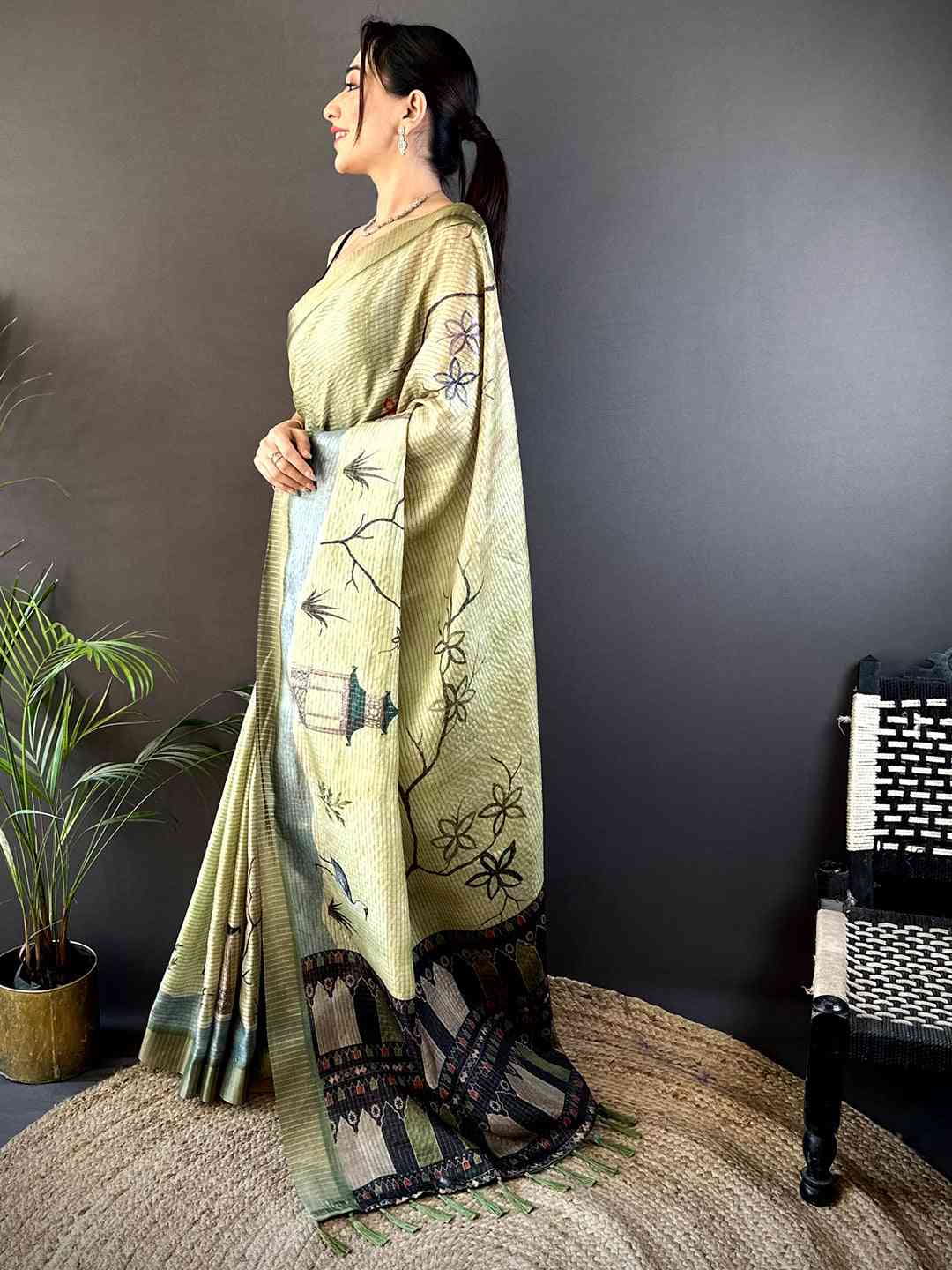Sage Green Tussar Chex Japanese Print Saree