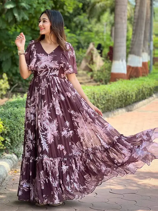 Antheaa Coffee V-neck Flary Maxi