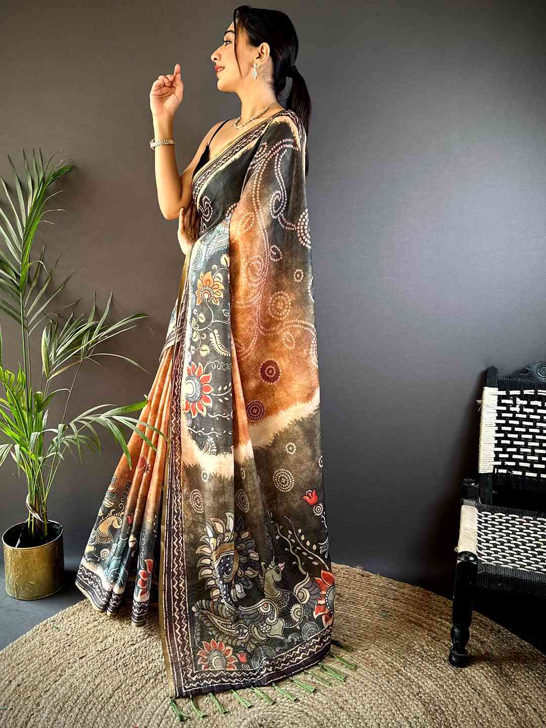 Orange Kalamkari Bandhani Chanderi Saree by My Store