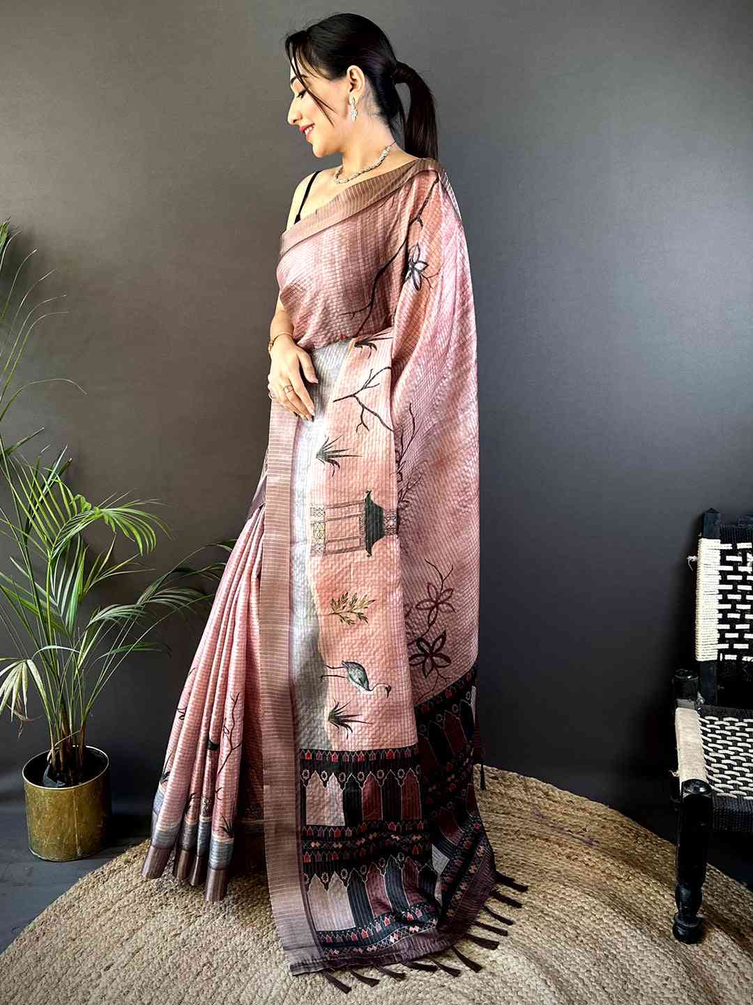 Blush Pink Tussar Chex Japanese Print Saree