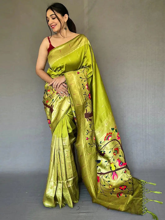 Light Green Paithani Big Border Zari Woven Saree by My Store