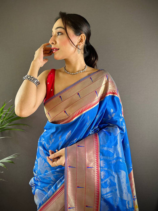 Royal Blue Paithani Silk Pichwai Woven Saree by My Store