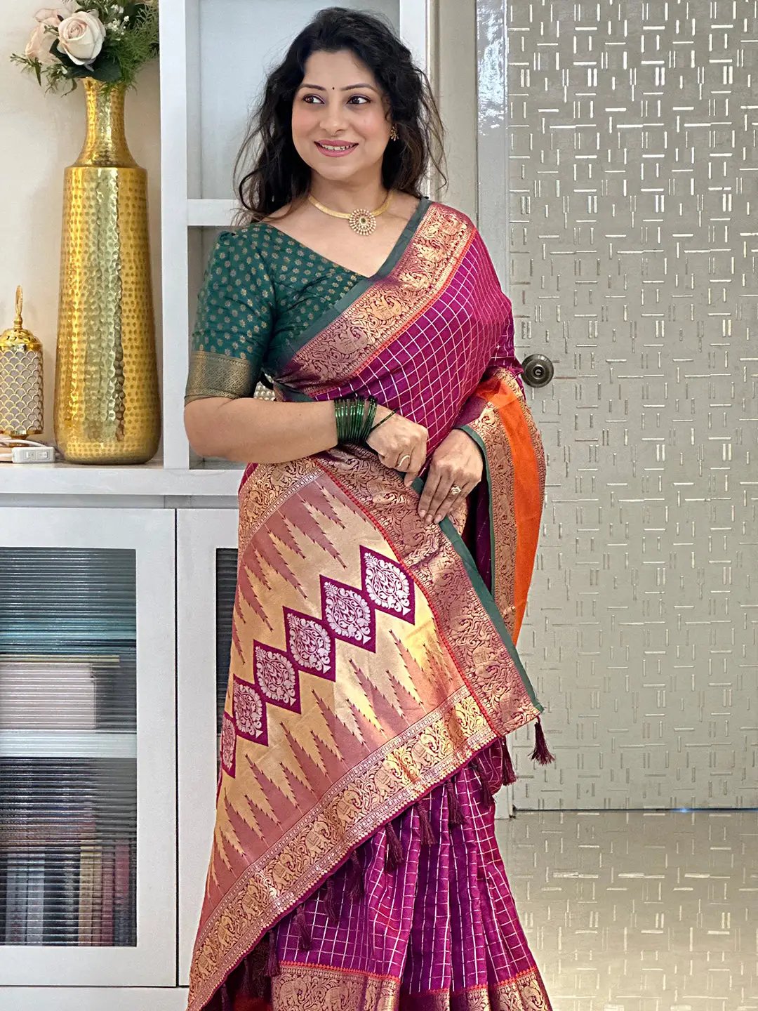 Wine Banarasi Silk Kanchi Zari Work Saree