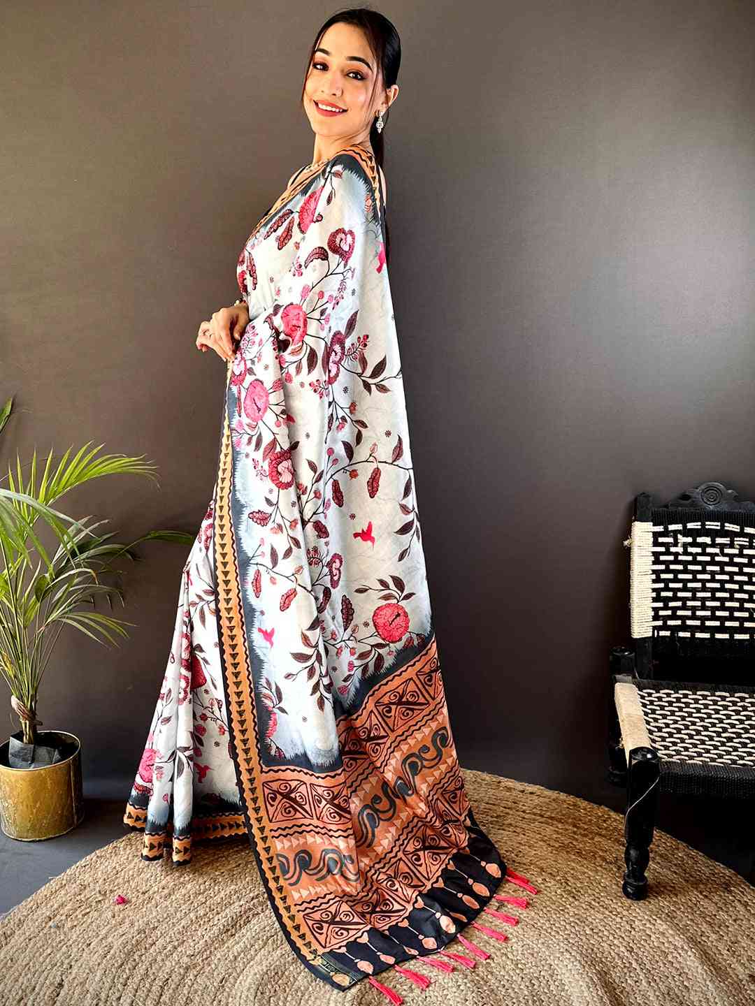 Ice Blue Soft Silk Floral Saree by My Store