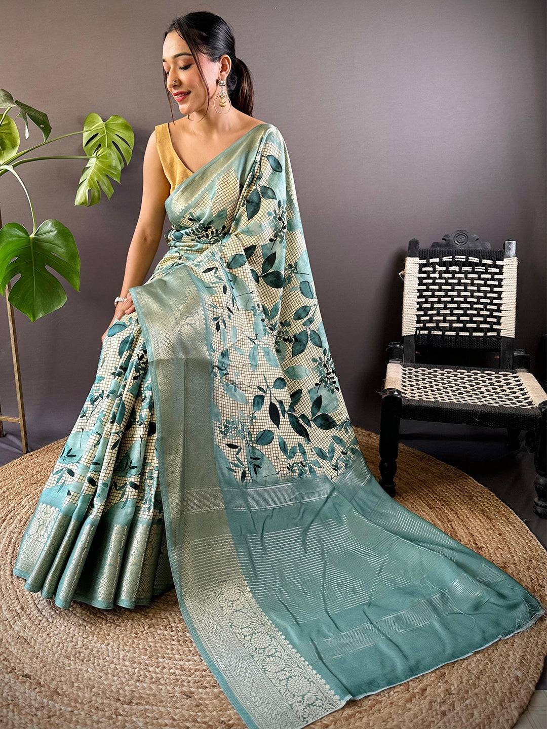 Leaf And Check Turquoise Viscose Saree by My Store