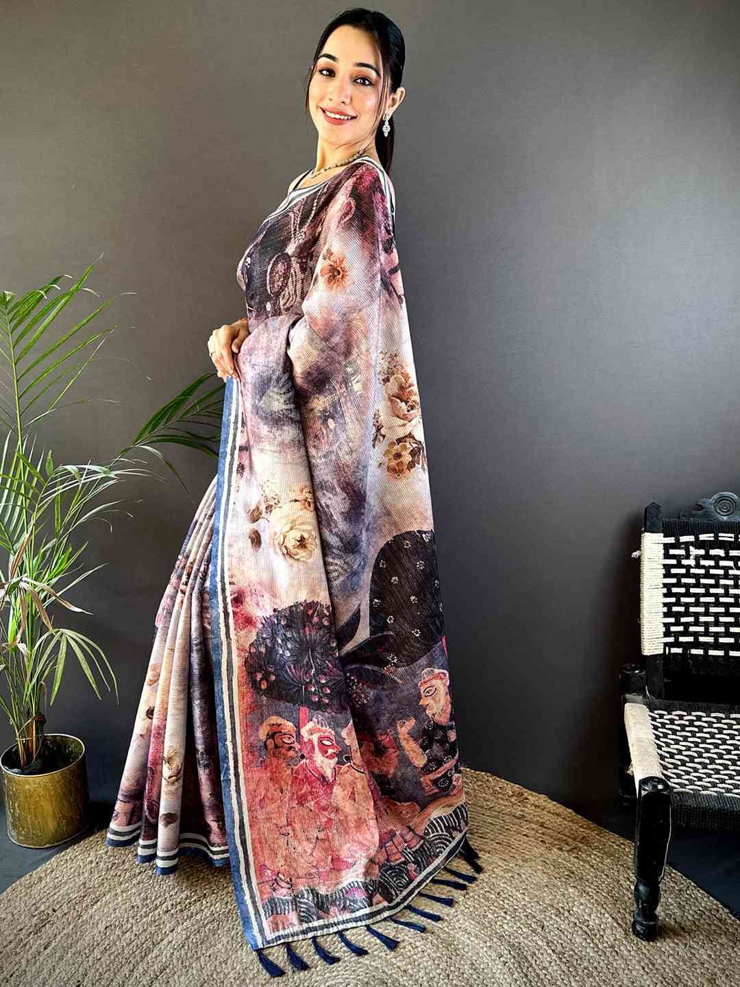 Lavender Gold Zari Tussar Batik Print Saree by My Store