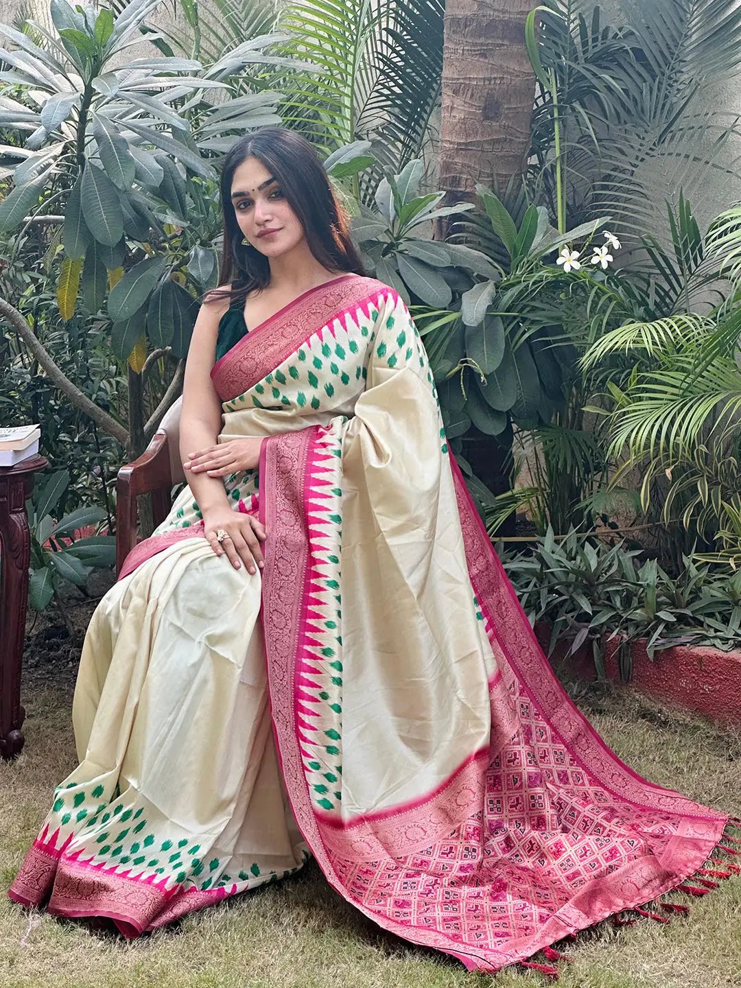 Pure Banarasi Soft Silk With Patola Pallu on Saree in Cream Colour by My Store