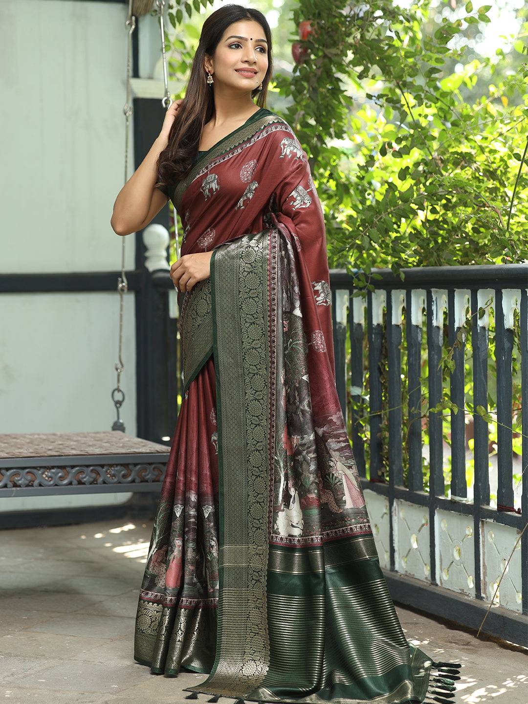 Maroon Hand Kalamkari Printed Pure Viscose Dola Silk Saree - Luxe by My Store