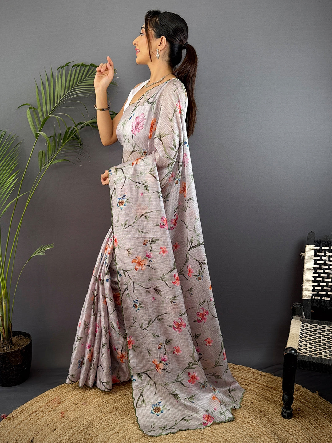 Light Grey Soft Kota Floral Print Saree by My Store