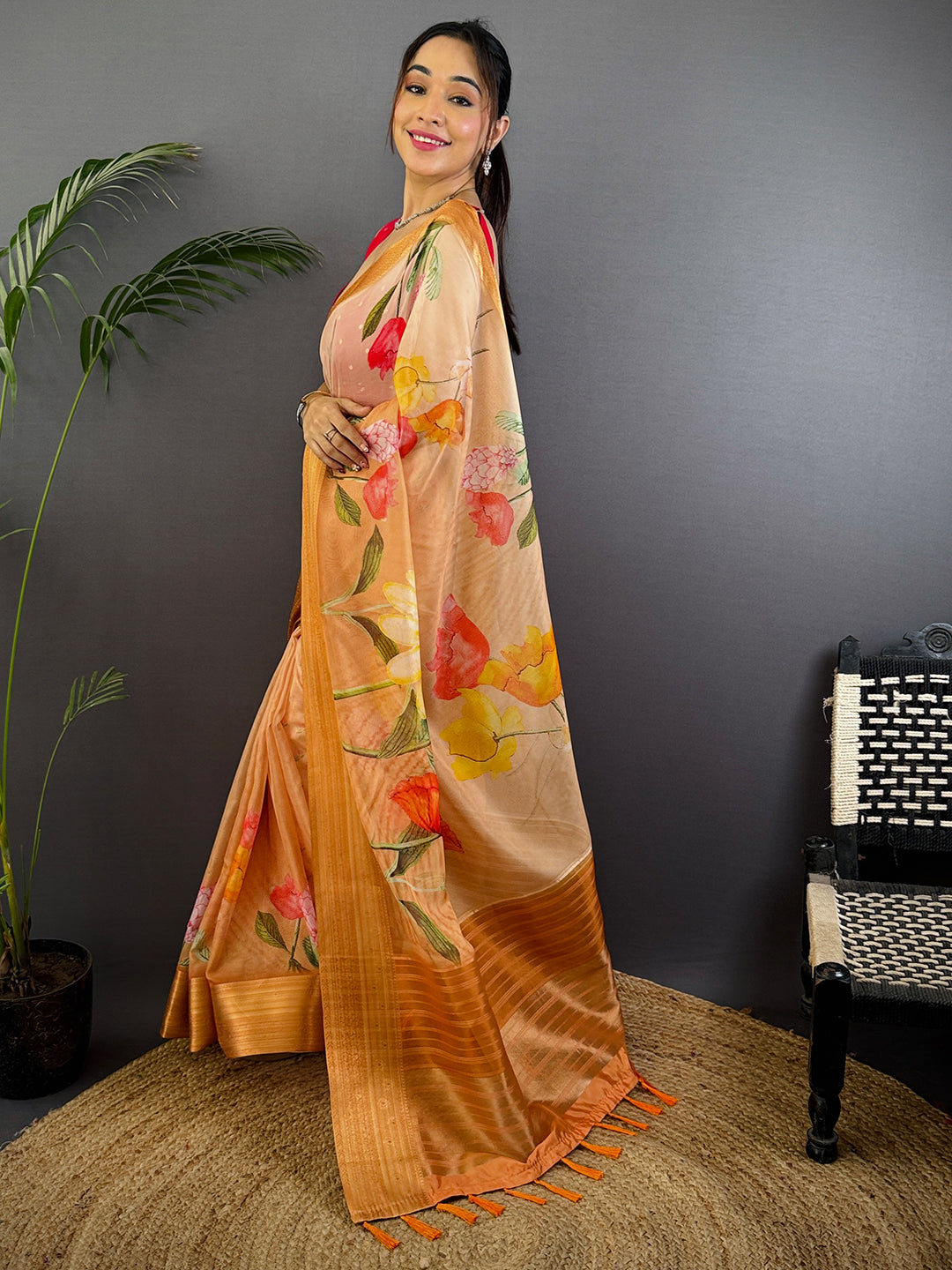Orange Soft Organza Digital Print Saree by My Store