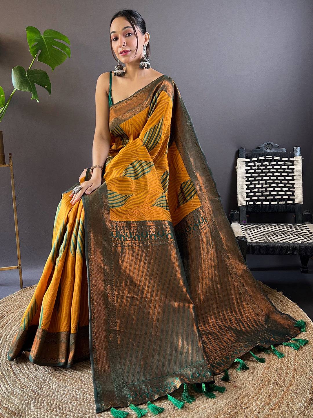 Mustard Tussar Silk Zari Weaving Ikkat Saree by My Store