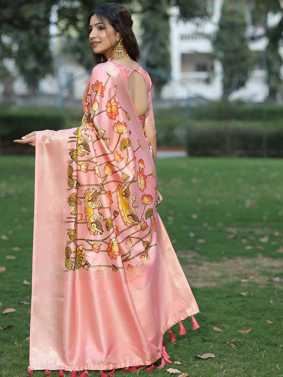 Pink Pure Viscose Dola Silk Saree With Pichwai And Mughal Print - Luxe by My Store