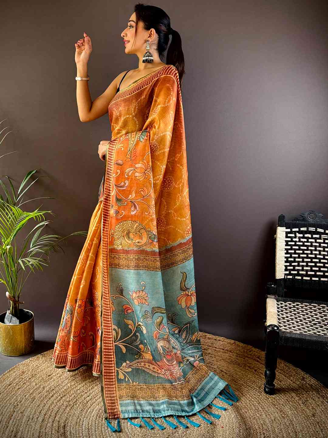Orange Floral Chanderi Saree by My Store