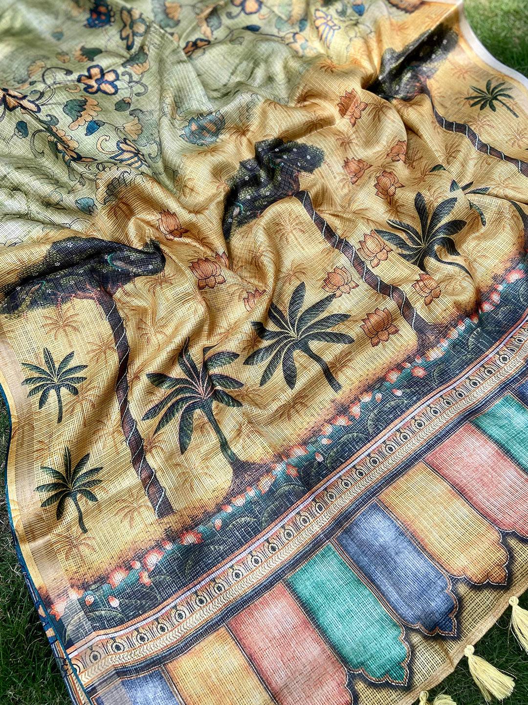 Light Green Kota Doriya Silk Saree With Floral Print by My Store