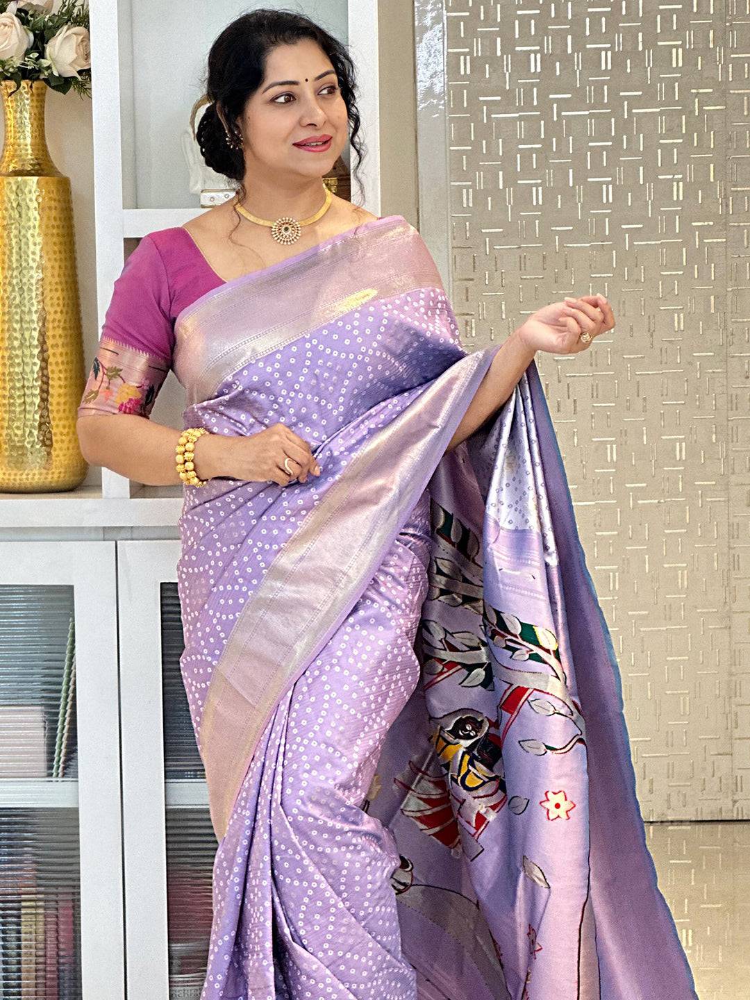 Lavender Soft Silk Bandhej Weaving Saree by My Store