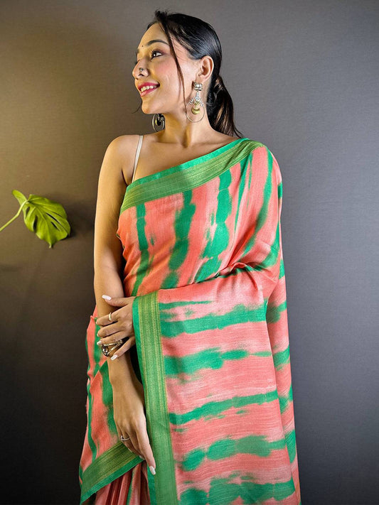 Coral Shibori Print Linen Saree by My Store