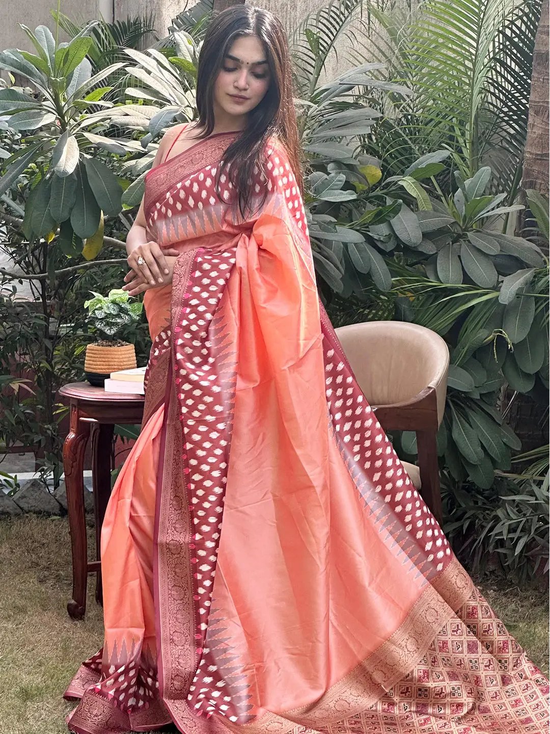 Pure Banarasi Soft Silk With Patola Pallu on Saree in Peach Colour by My Store