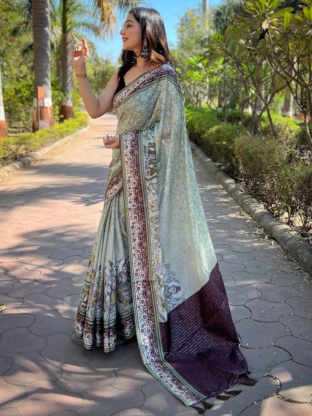 Satin Kota Doria Saree With Kalamkari Digital Print In Pista Colour