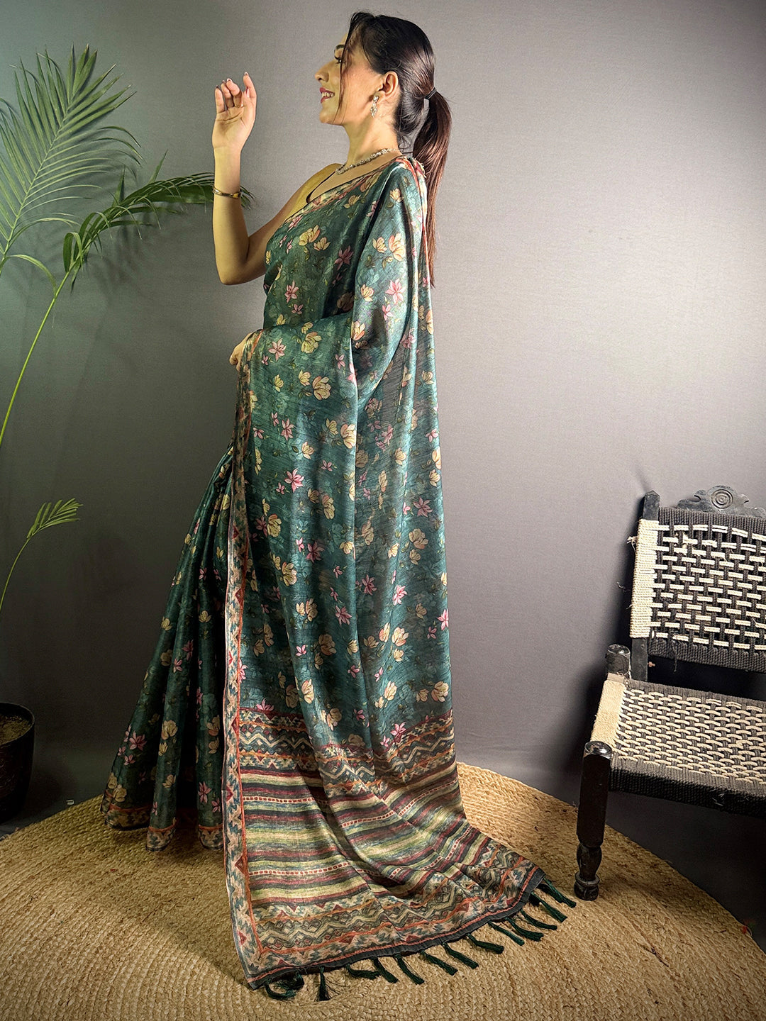 Bottle Green Linen Juth Digital Print Saree by My Store