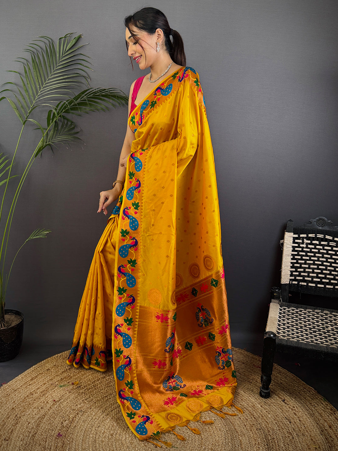 Mustard Yellow Yeola Paithani Soft Silk Saree by My Store