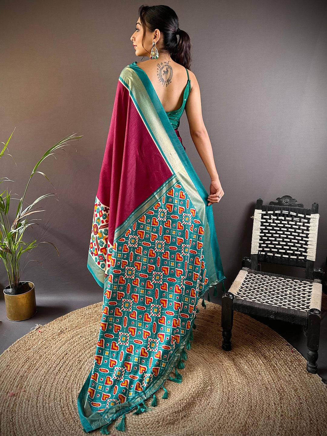 Maroon Patola Print Chanderi Saree by My Store