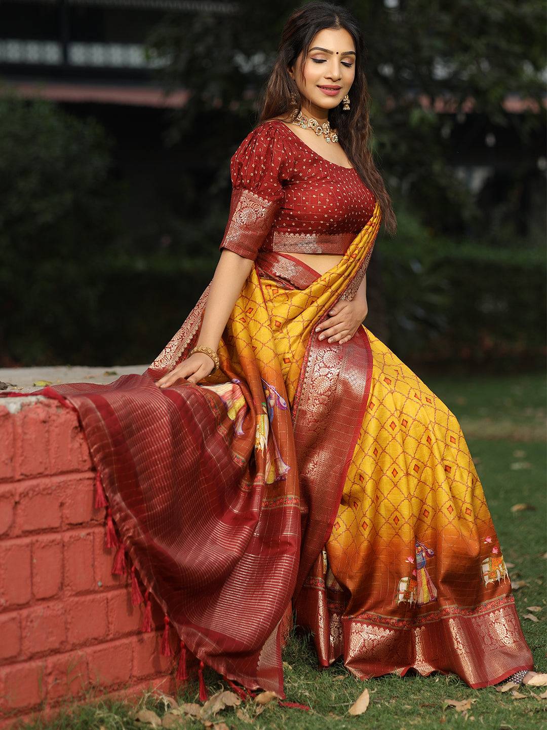 Mustard Colour Pure Viscose Dola Silk Saree With Mughal Motifs - Luxe