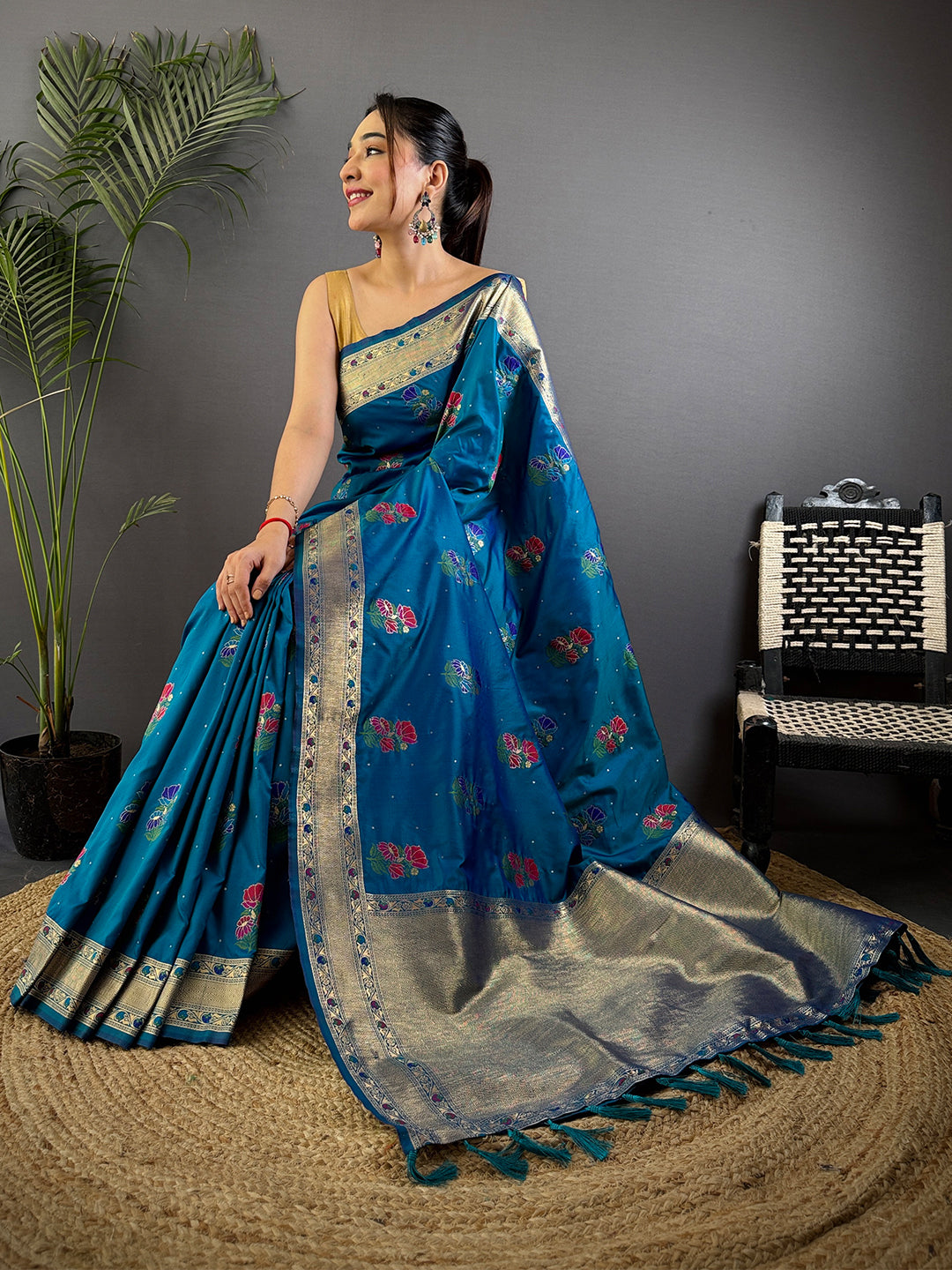 Sky Soft Silk Flowerport Minakari Saree by My Store