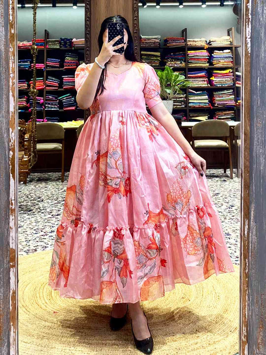 Salmon Pink Floral Print Midi Dress by My Store