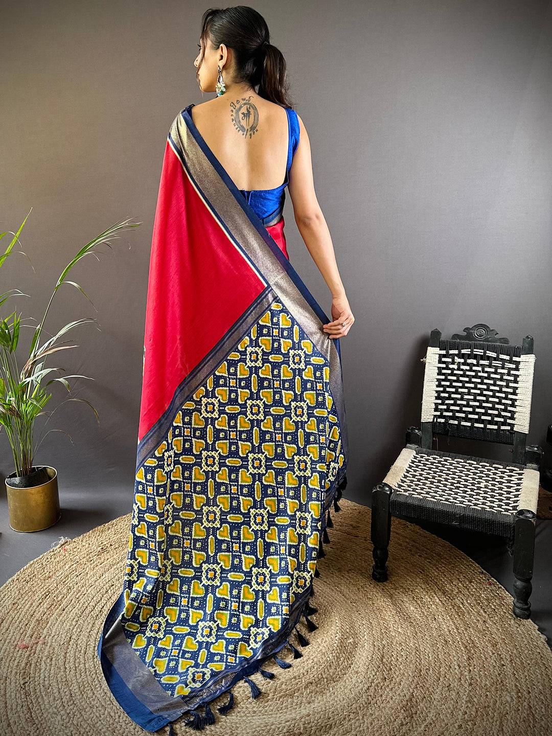 Red Patola Print Chanderi Saree by My Store