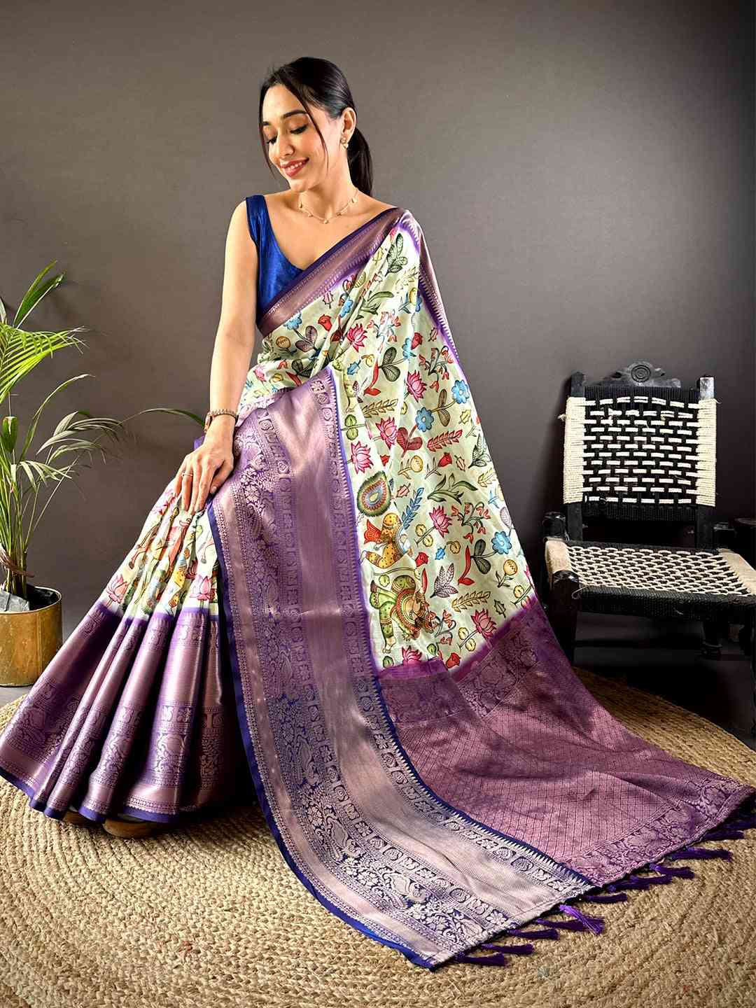 Pista Soft Banarasi Silk Floral Kalamkari Saree by My Store