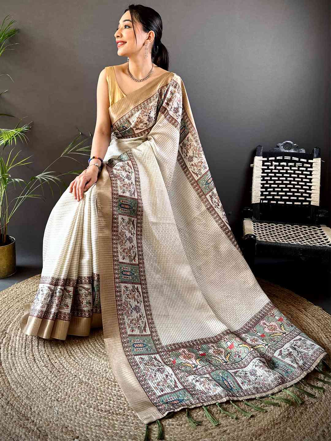Radiant Off White Soft Silk Digital Print Saree by My Store