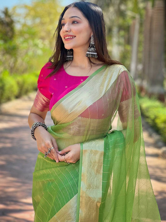 Green Pure Viscose Organza Saree With Fine Gold Zari Weaving Border by My Store