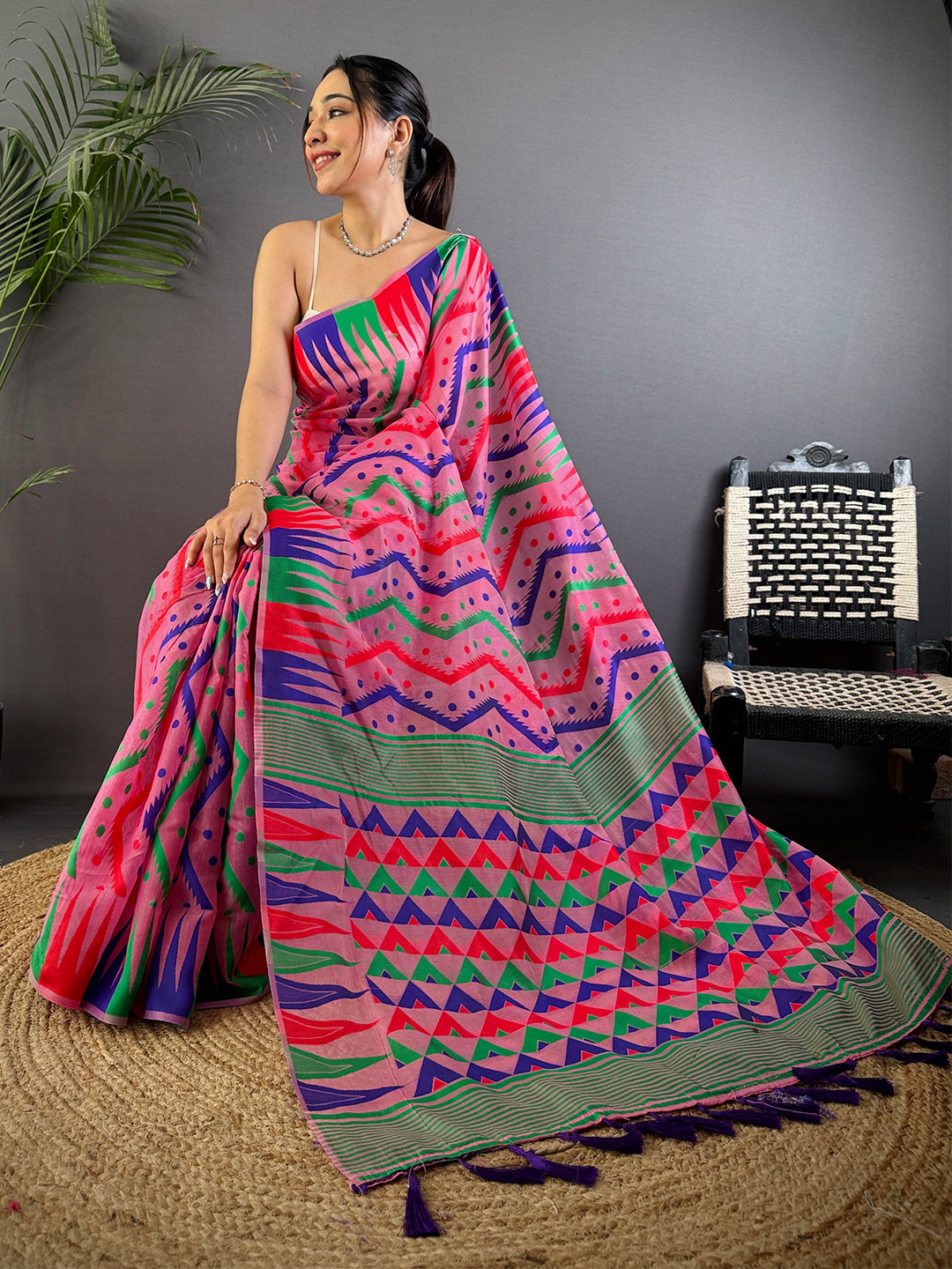 Bright Pink Dhakai Cotton Jamdani Saree by My Store