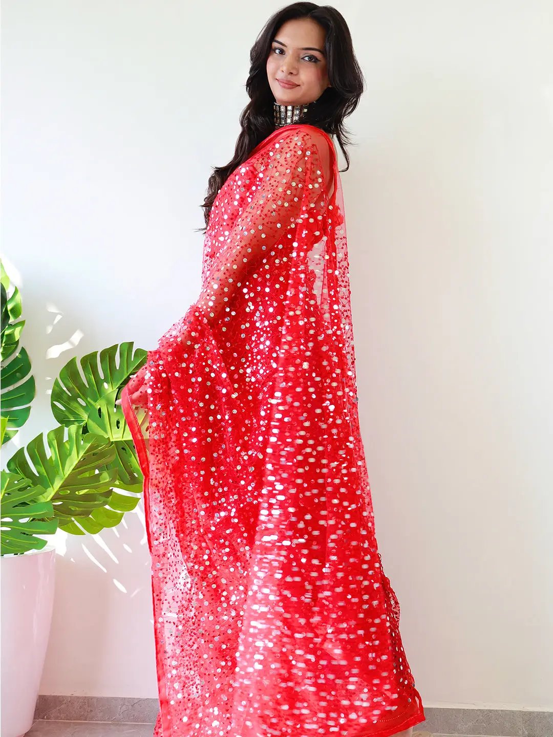 Beautiful Net Saree With Sequins Embroidery Work