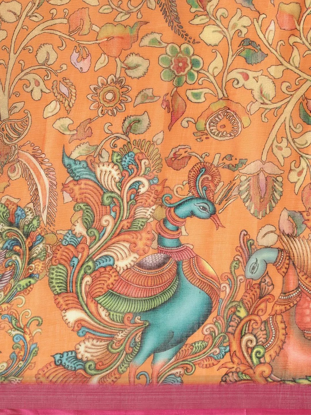Orange Colour Kalamkari Print Saree With Zari Border by My Store