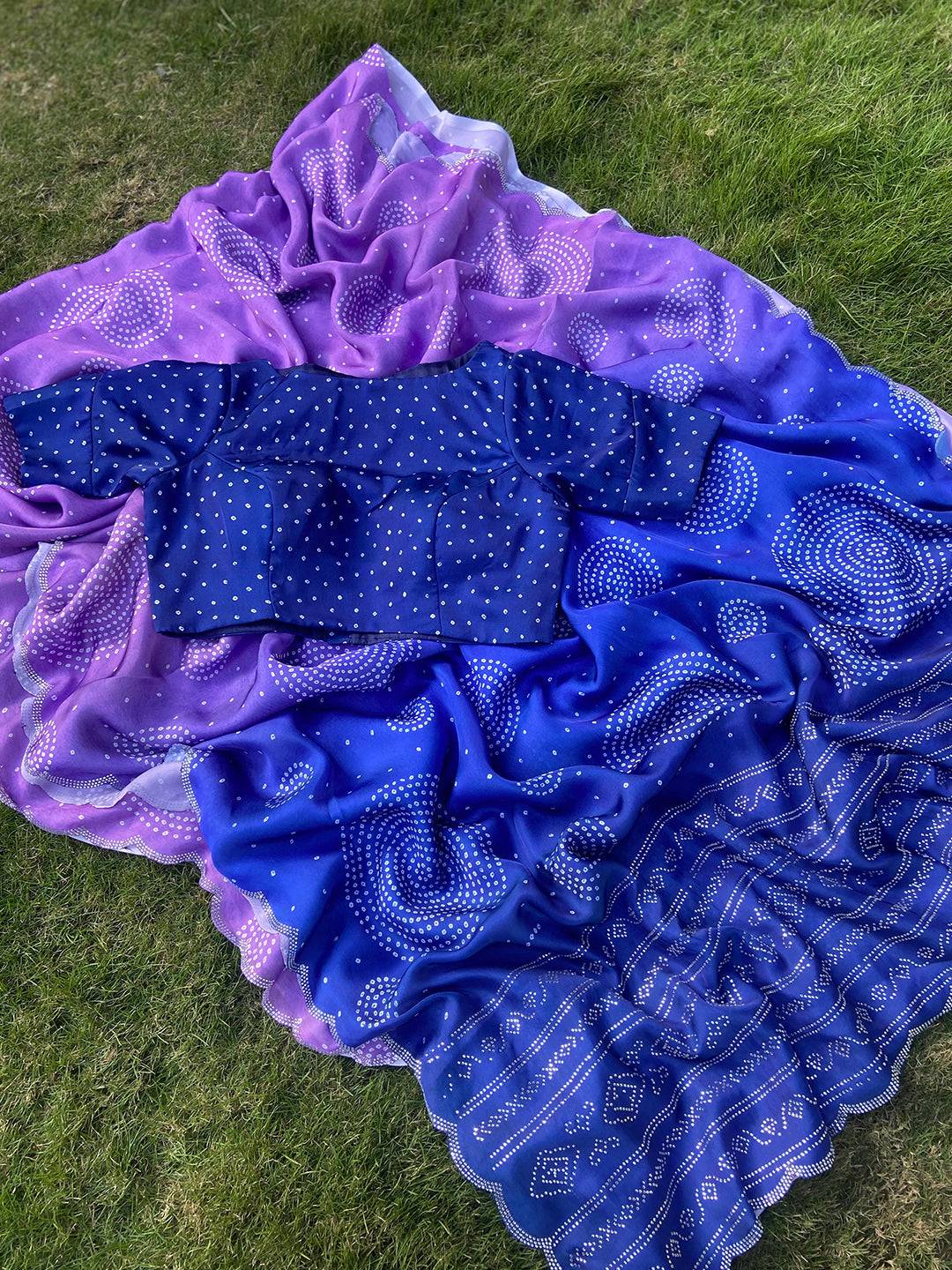 Lavender Georgette Silk Saree with Ombre Bandhej Print & Swaroski Stone Work by My Store