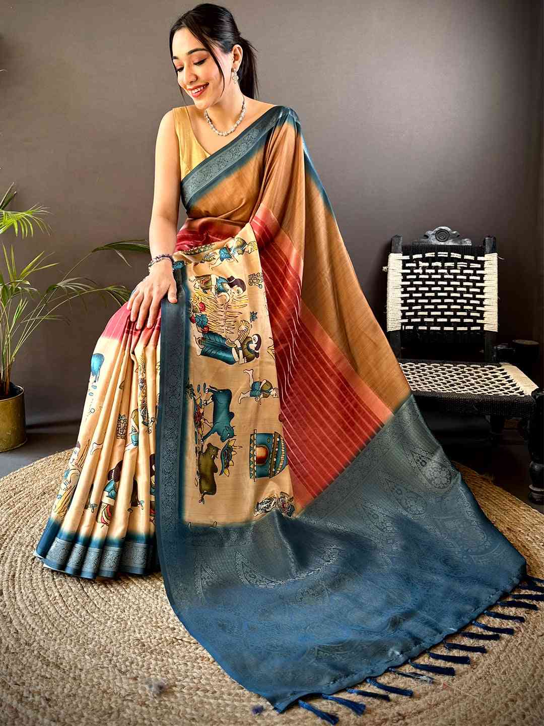 Coffee Brown Kalamkari Ombre Soft Silk Saree by My Store