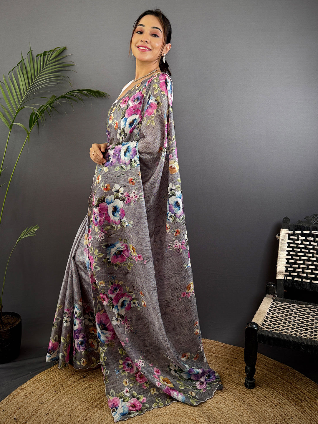 Charcoal Grey Floral Cut Work Kota Saree by My Store