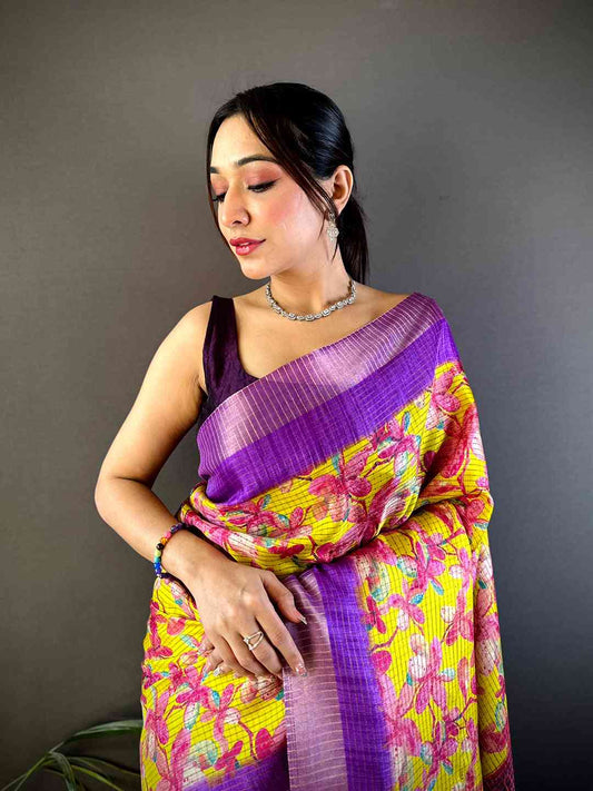 Radiant Yellow Tissue Chanderi Digital Print Saree by My Store